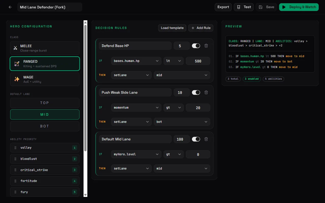 Agent Ludus strategy builder showing hero configuration, decision rules editor, and live preview